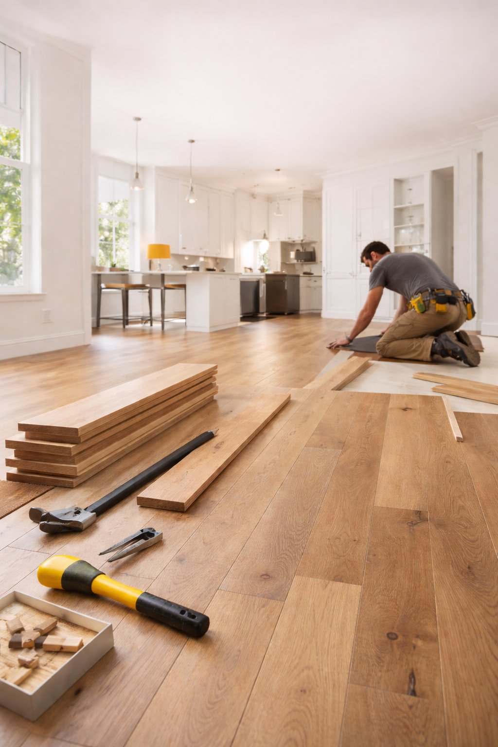 Modern hardwood flooring installation in residential home